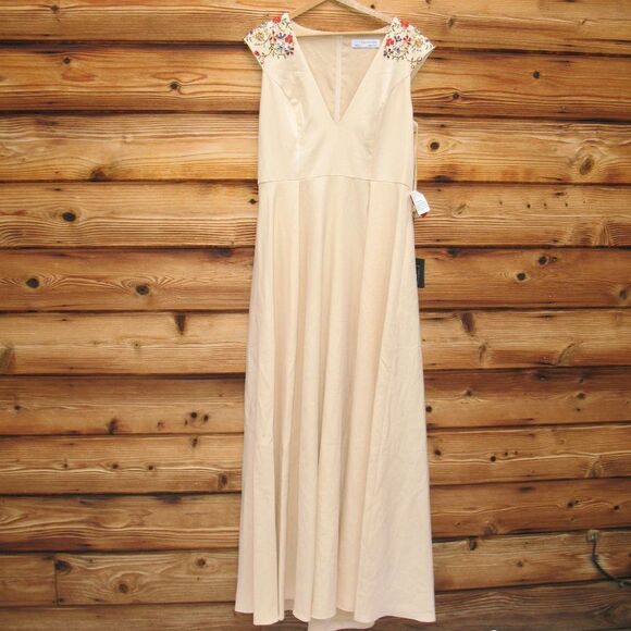 Mac Duggal 26540 Ieena Beaded Cap Sleeve V Neck A Line Gown Dress Cream Size 4 - Picture 6 of 16